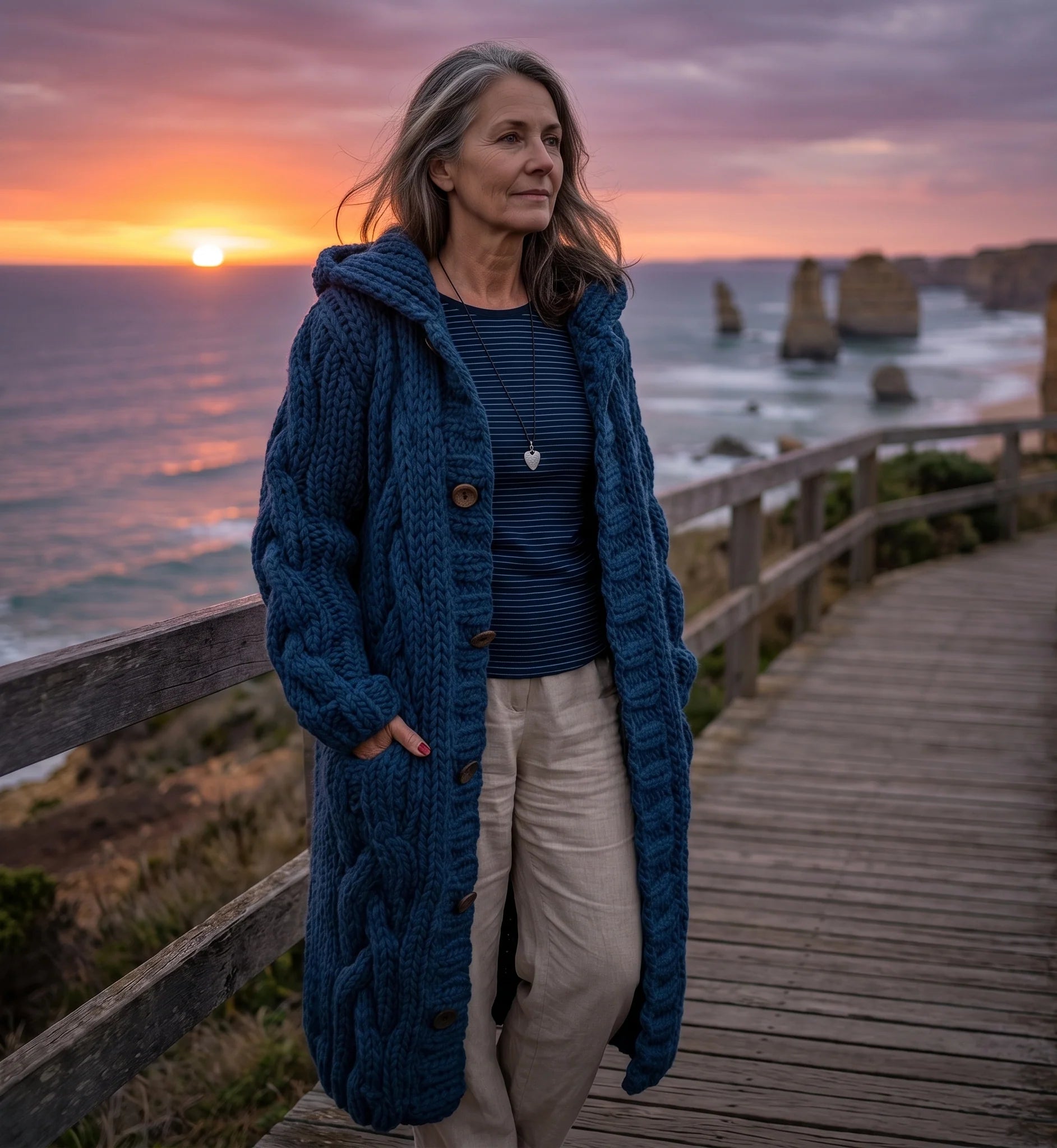 Cable Knit Long Coat with Hood & Deep Pockets — Relaxed Fit 0
