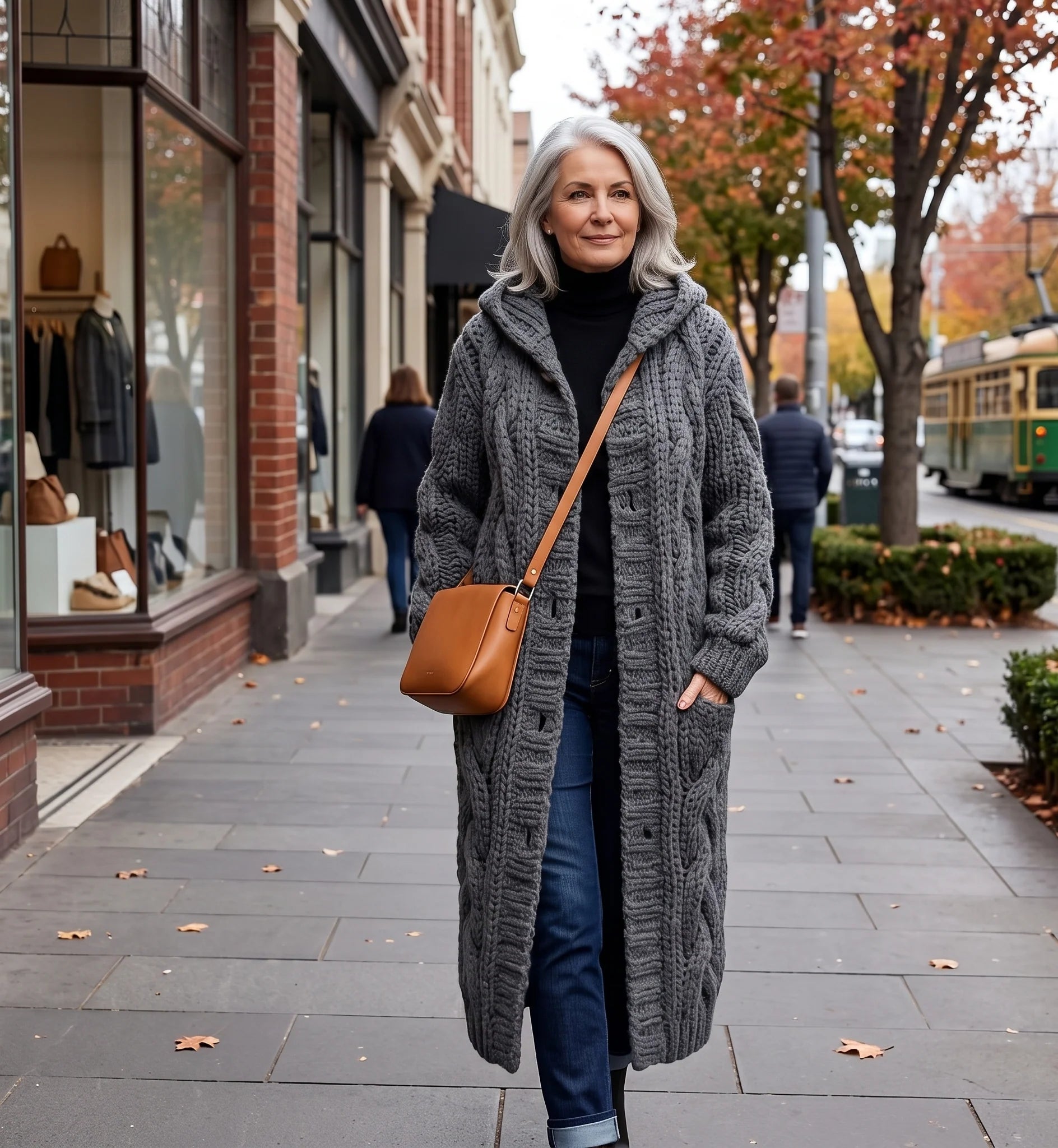Cable Knit Long Coat with Hood & Deep Pockets — Relaxed Fit 1