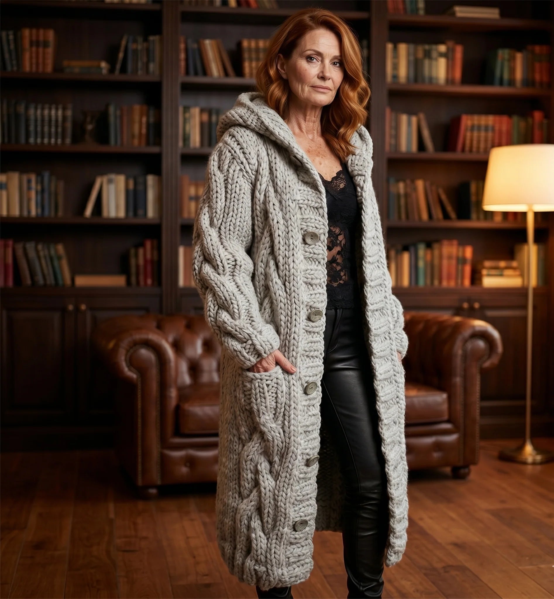 Cable Knit Long Coat with Hood & Deep Pockets — Relaxed Fit 2