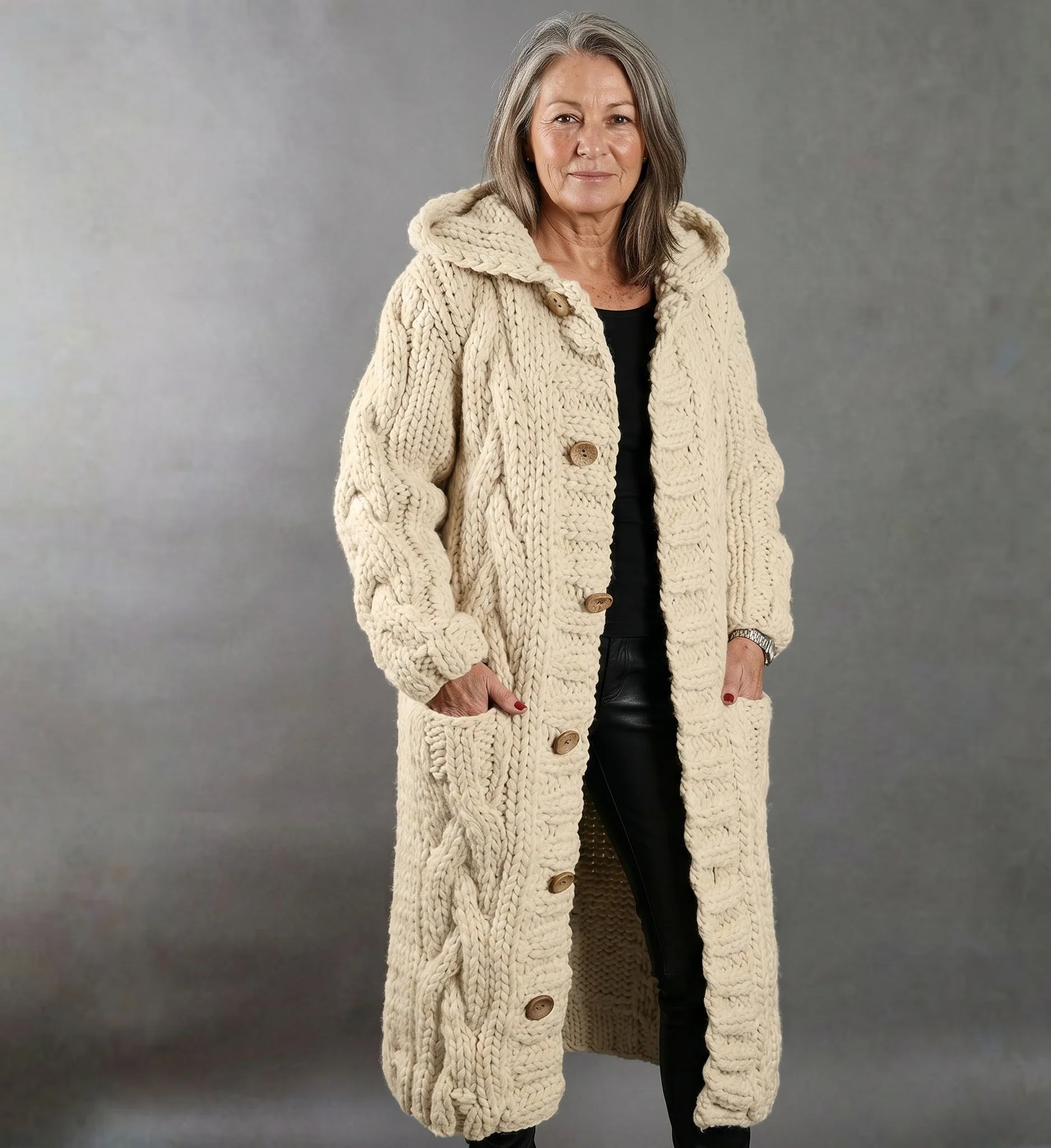 Cable Knit Long Coat with Hood & Deep Pockets — Relaxed Fit 4
