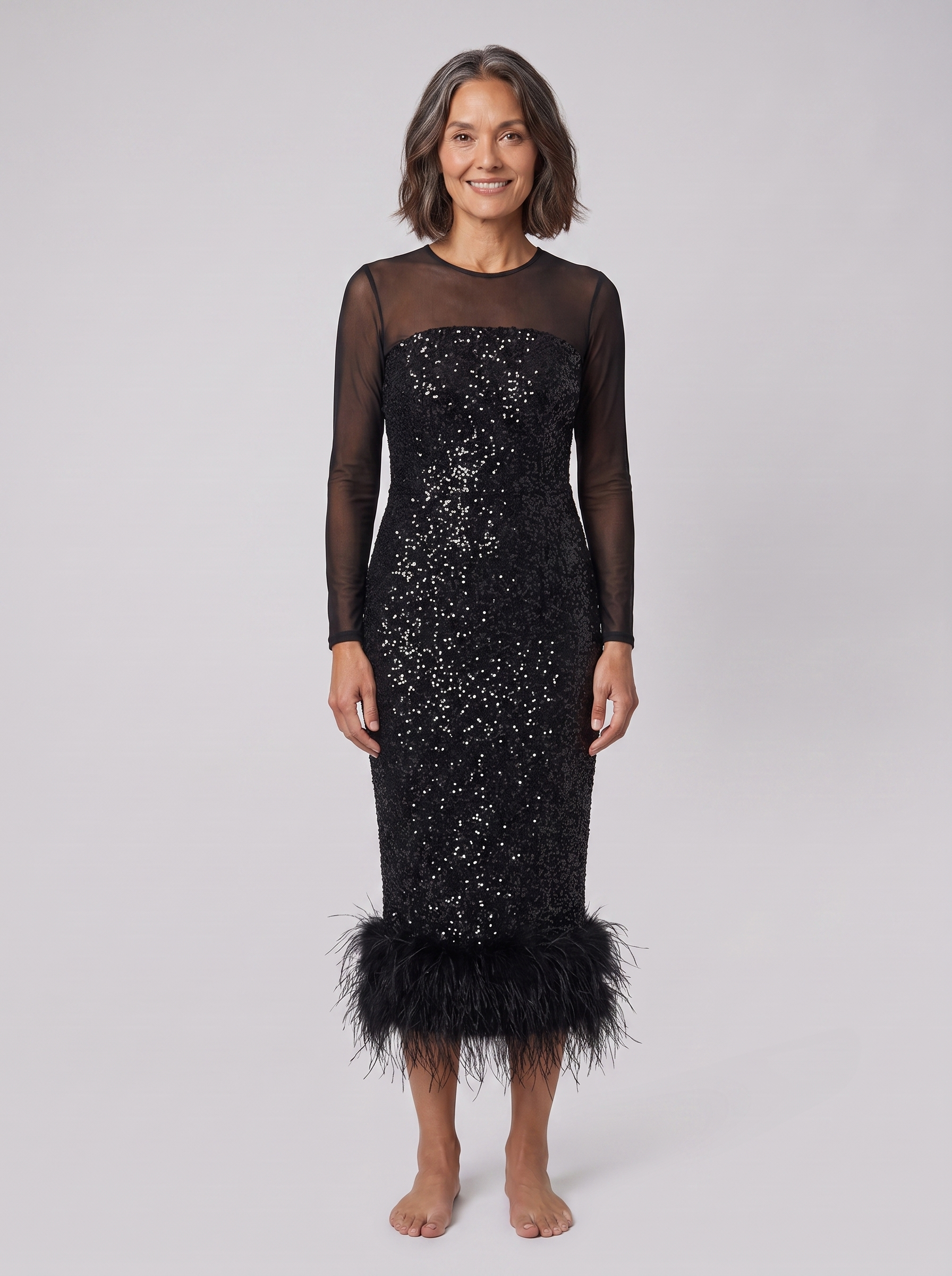 Coraline sequin midi dress with feather hem 1