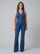 Dara Denim Jumpsuit | Fitted V-Neck, Flared Legs 0