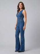 Dara Denim Jumpsuit | Fitted V-Neck, Flared Legs 1