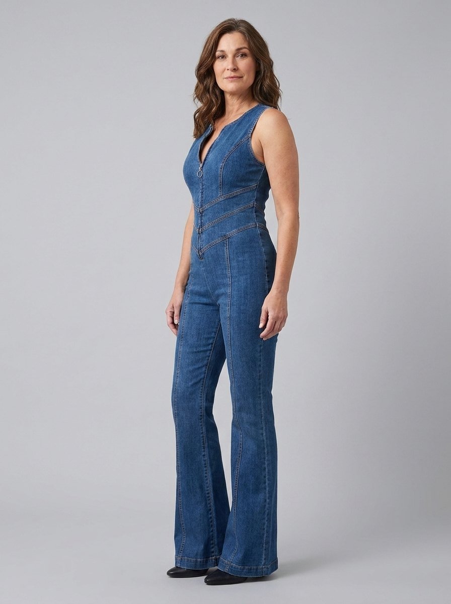 Dara Denim Jumpsuit | Fitted V-Neck, Flared Legs 1