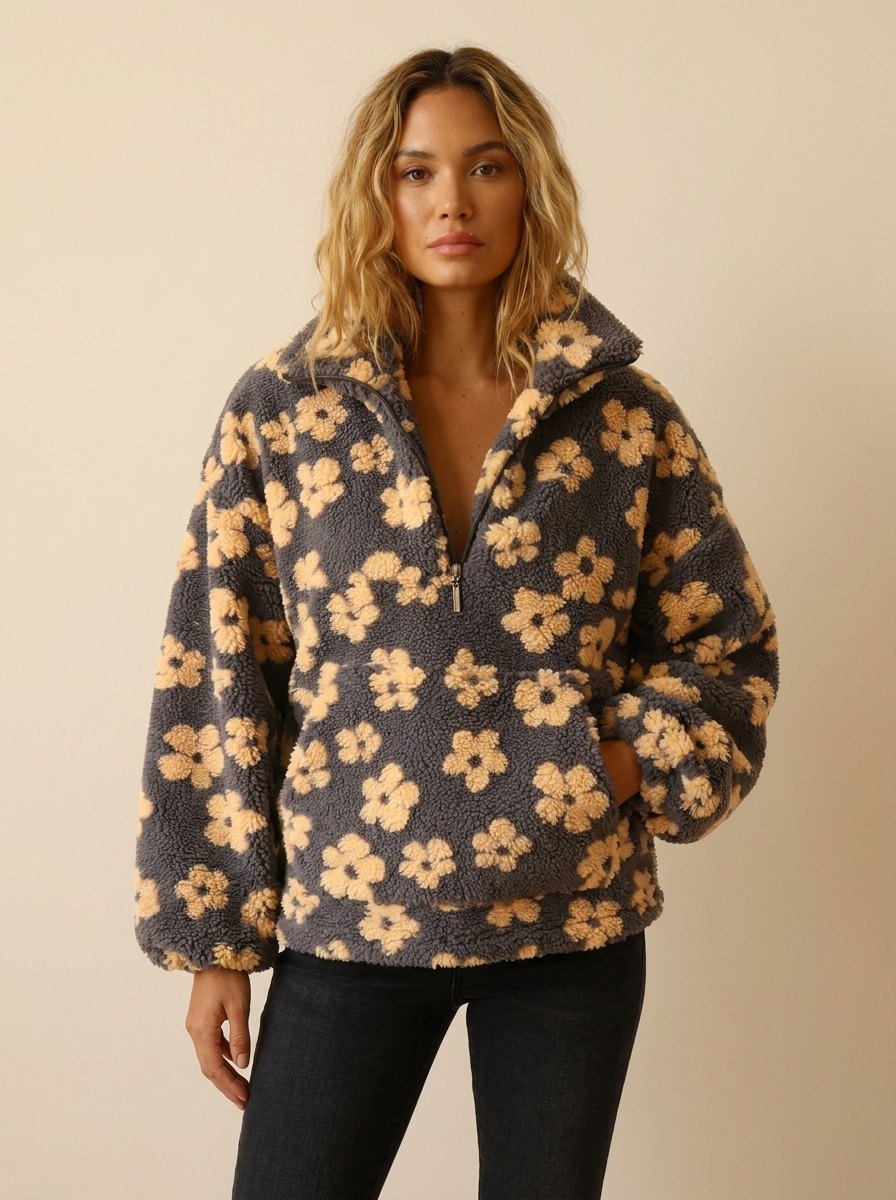 Dara Oversized Sweater for Women | Ultra-Soft Sherpa Fleece, Boho Floral Design 0