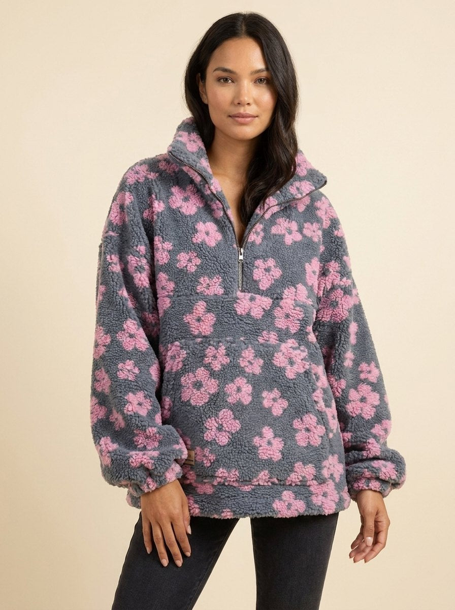 Dara Oversized Sweater for Women | Ultra-Soft Sherpa Fleece, Boho Floral Design 1