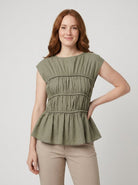 Dashi Womens Top | Lightweight Peplum, Ruched Waist, Cap Sleeve 0