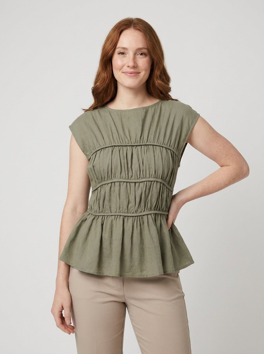 Dashi Womens Top | Lightweight Peplum, Ruched Waist, Cap Sleeve 0