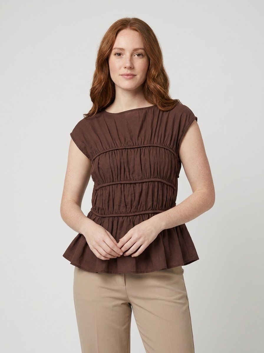 Dashi Womens Top | Lightweight Peplum, Ruched Waist, Cap Sleeve 2