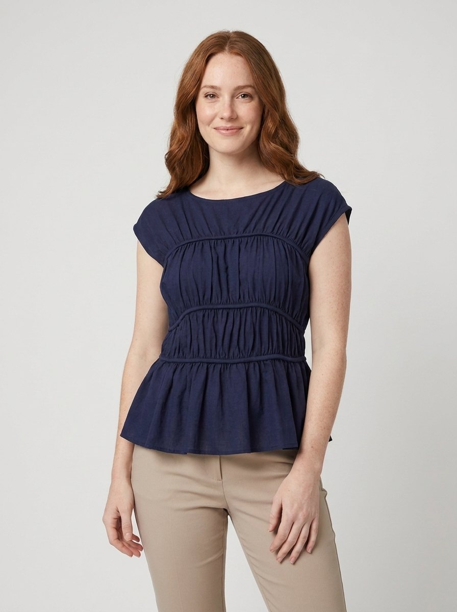Dashi Womens Top | Lightweight Peplum, Ruched Waist, Cap Sleeve 4