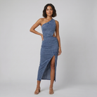 Dazzle Midi Dress | One Shoulder, Asymmetrical Cut-Out, Denim 0