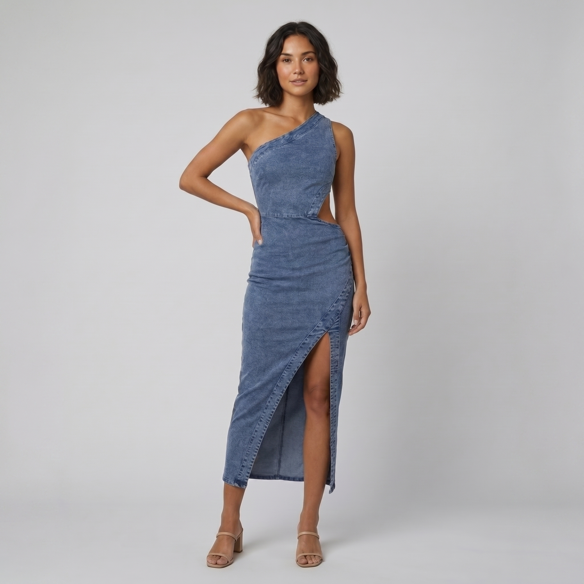 Dazzle Midi Dress | One Shoulder, Asymmetrical Cut-Out, Denim 0