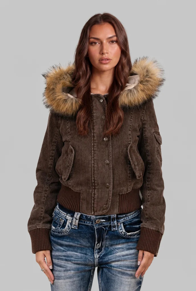 Denim Bomber Jacket with Faux Fur Hood 0