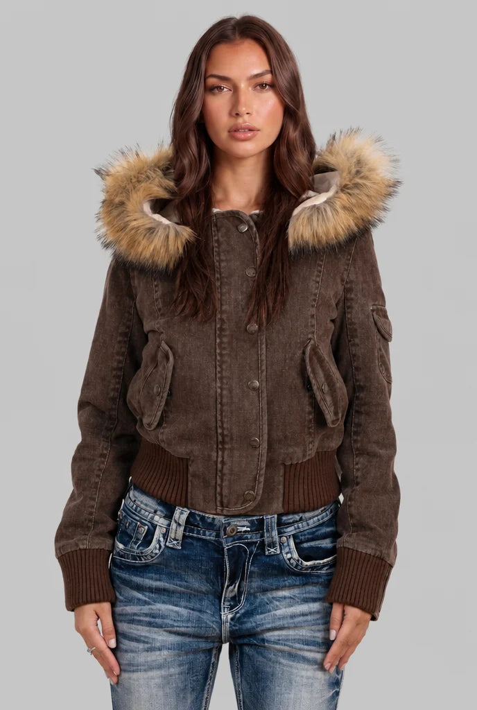 Denim Bomber Jacket with Faux Fur Hood 1