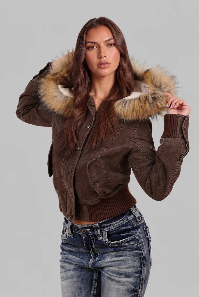 Denim Bomber Jacket with Faux Fur Hood 2