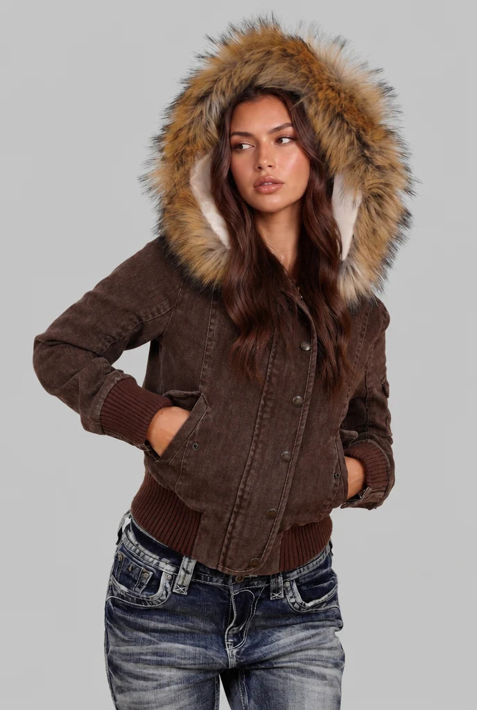 Denim Bomber Jacket with Faux Fur Hood 4