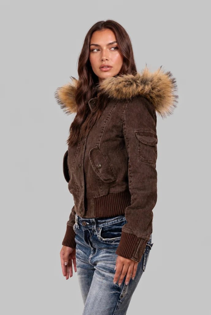 Denim Bomber Jacket with Faux Fur Hood 5