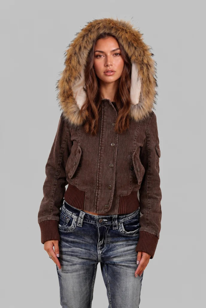 Denim Bomber Jacket with Faux Fur Hood 6