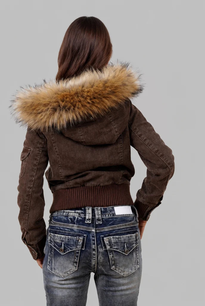 Denim Bomber Jacket with Faux Fur Hood 7
