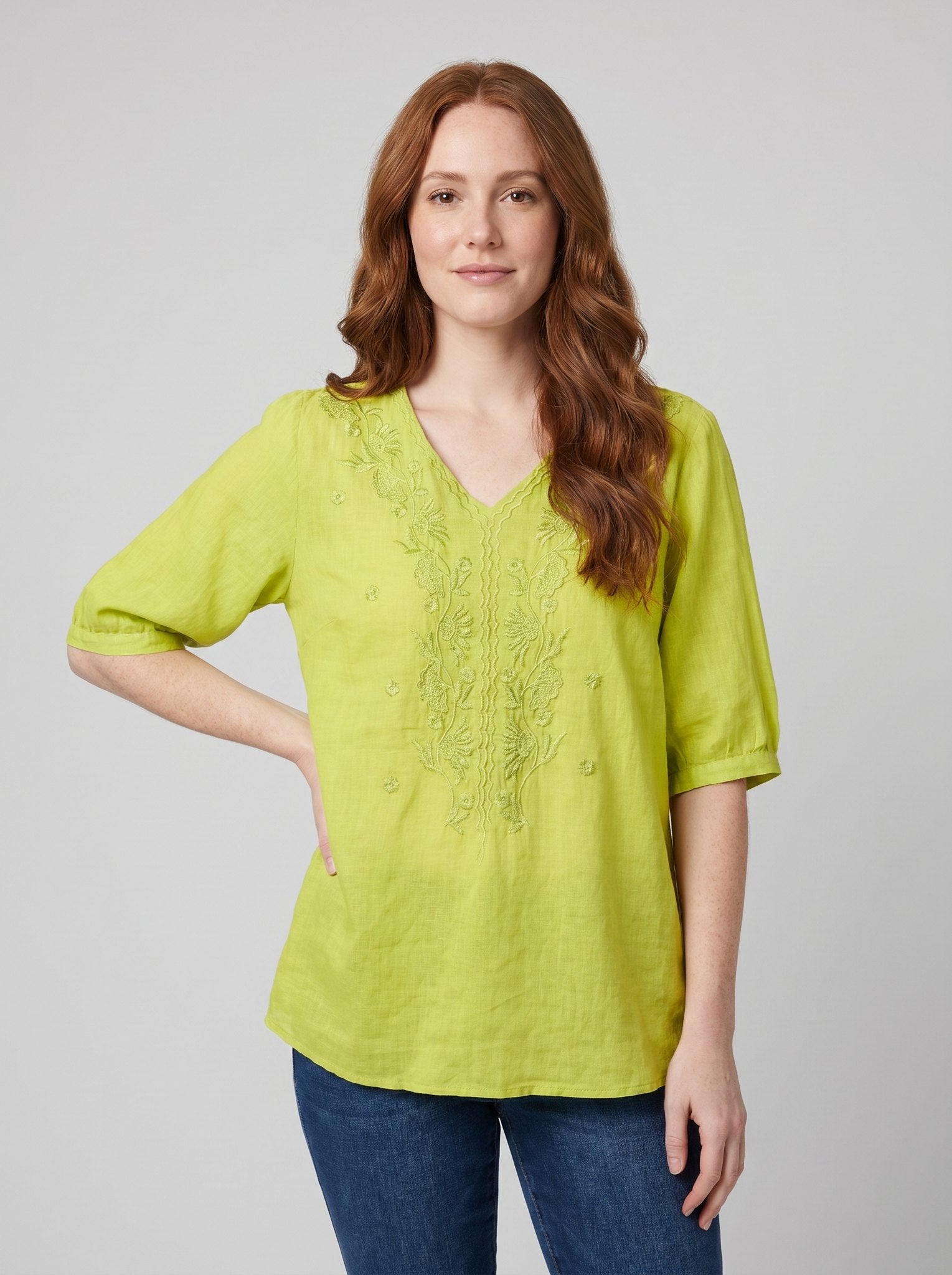 Eloria Womens Blouse | Lightweight Cotton-Linen, Embroidered Floral Design 3