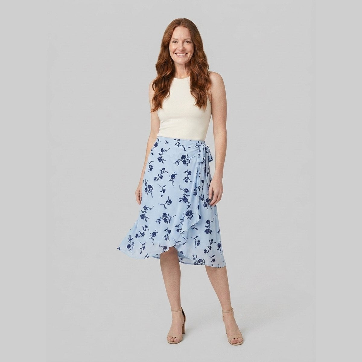 Elysia Midi Skirt | Blue Floral Wrap-Style, Flowy Fit 1