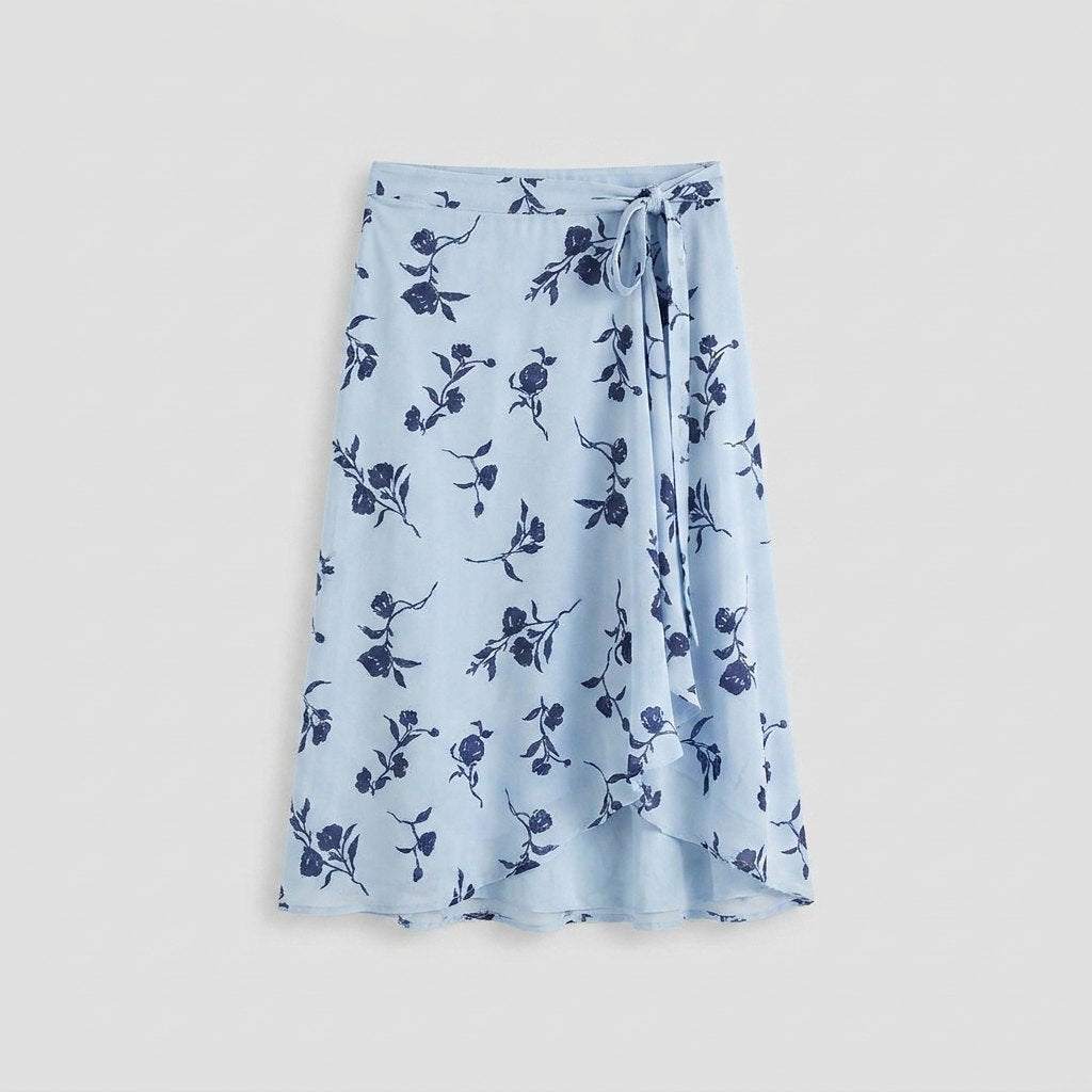 Elysia Midi Skirt | Blue Floral Wrap-Style, Flowy Fit 4