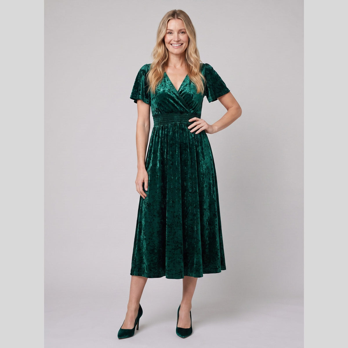 Emeraude ribbed velvet midi dress with shirred waist 1
