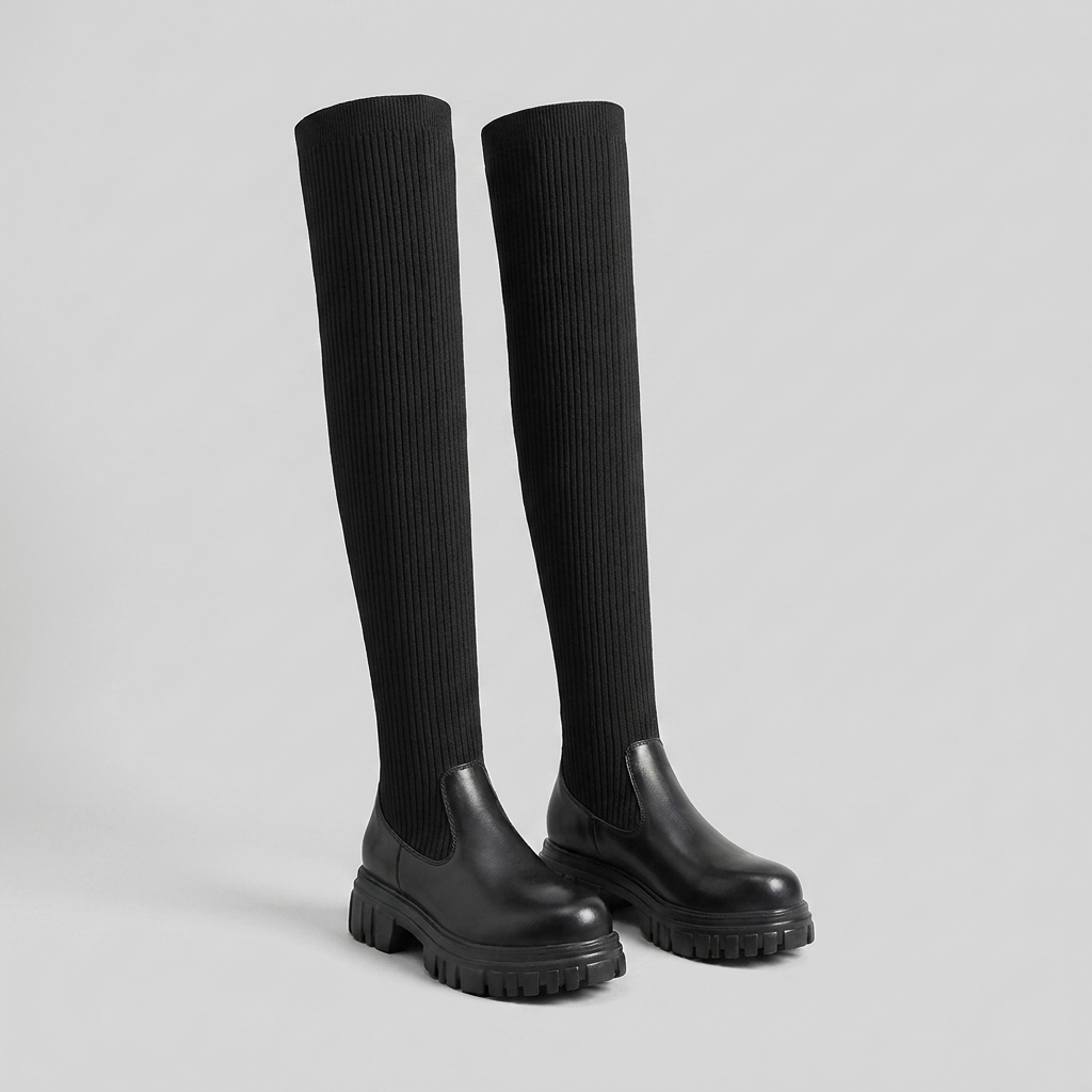 Evelyn Knee High Boots | Vegan Leather, Ribbed Design, Black 0