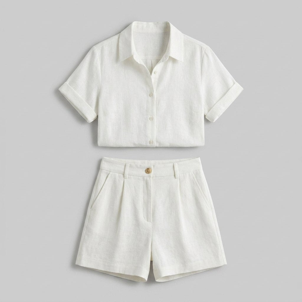 Felicity Women's Set | Breathable Linen Button-Front Shirt & High-Waist Shorts 7