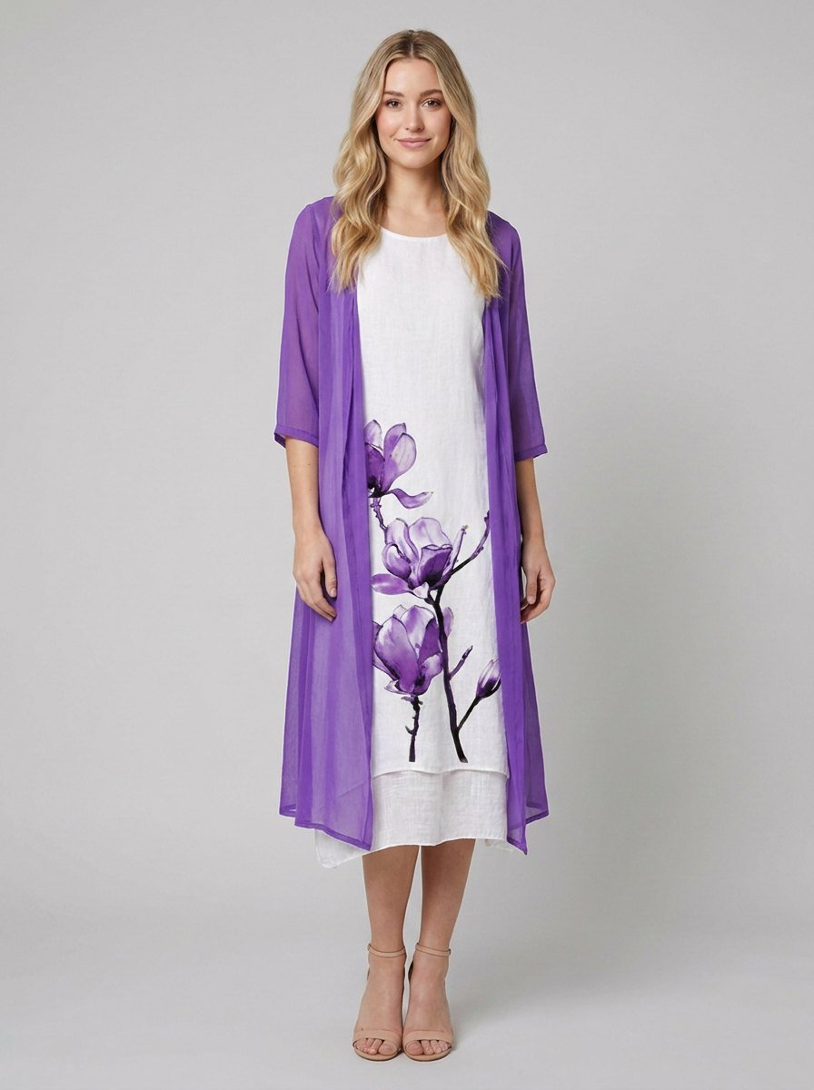 Fleur Midi Dress Set | Floral Linen Dress with Chiffon Cardigan, Perfect for Summer Weddings and Formal Events 1