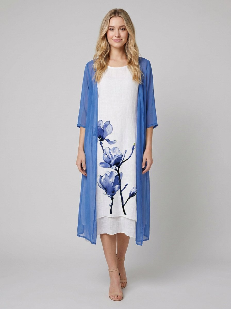 Fleur Midi Dress Set | Floral Linen Dress with Chiffon Cardigan, Perfect for Summer Weddings and Formal Events 2