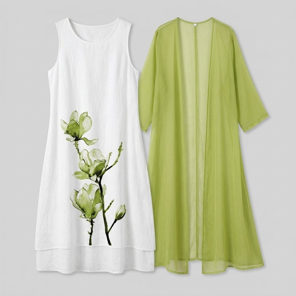 Fleur Midi Dress Set | Floral Linen Dress with Chiffon Cardigan, Perfect for Summer Weddings and Formal Events 4