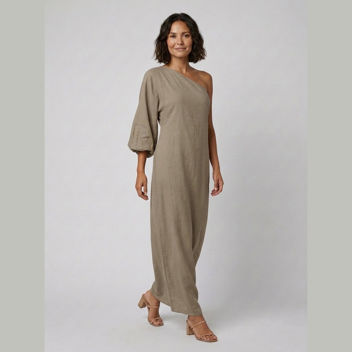 Ivory Elegance Maxi Dress | Cotton-Linen Blend, One-Shoulder 2