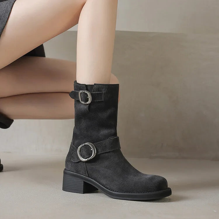 Kara Women's Mid-Calf Boots | Suede-Touch, Square Toe, Buckle Strap 1