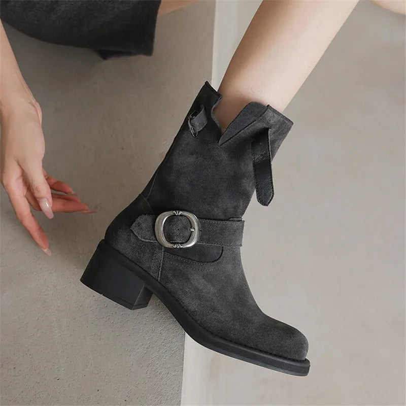 Kara Women's Mid-Calf Boots | Suede-Touch, Square Toe, Buckle Strap 3