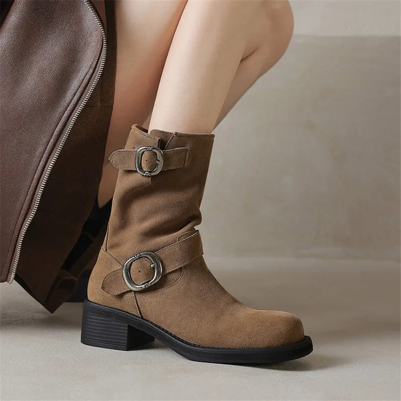 Kara Women's Mid-Calf Boots | Suede-Touch, Square Toe, Buckle Strap 5