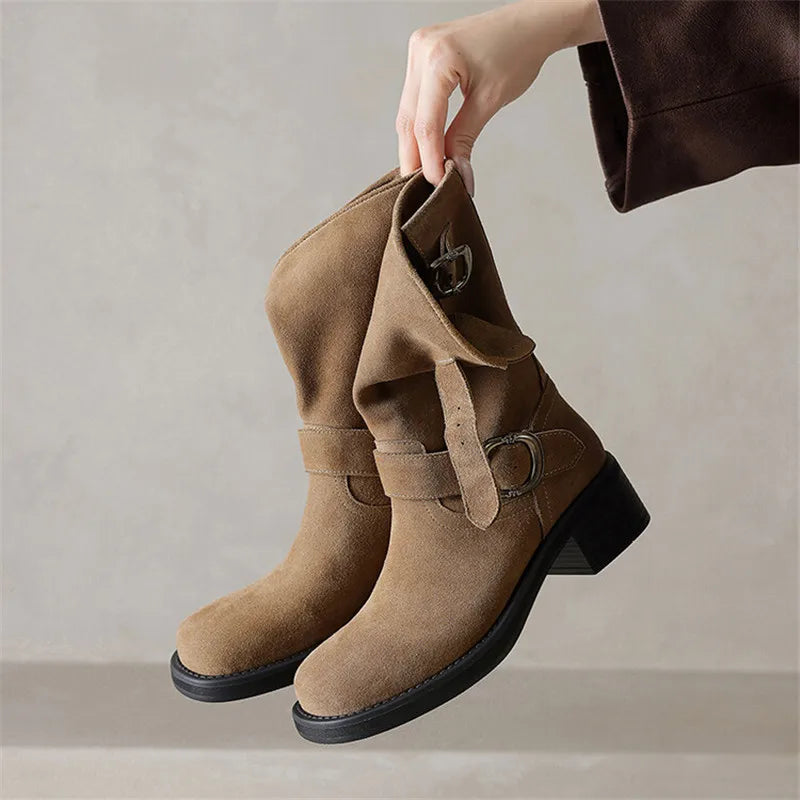 Kara Women's Mid-Calf Boots | Suede-Touch, Square Toe, Buckle Strap 6