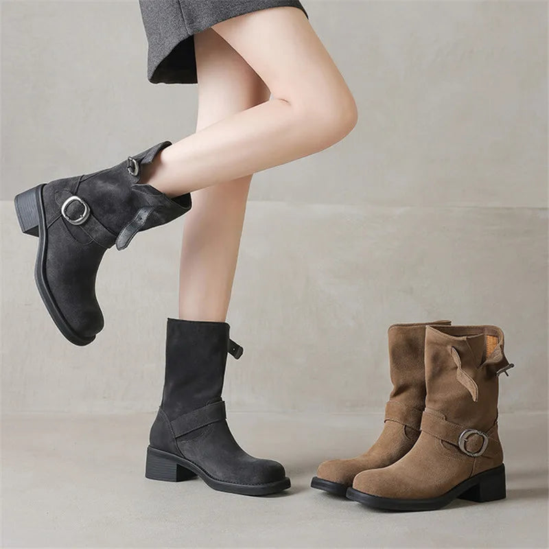 Kara Women's Mid-Calf Boots | Suede-Touch, Square Toe, Buckle Strap 7