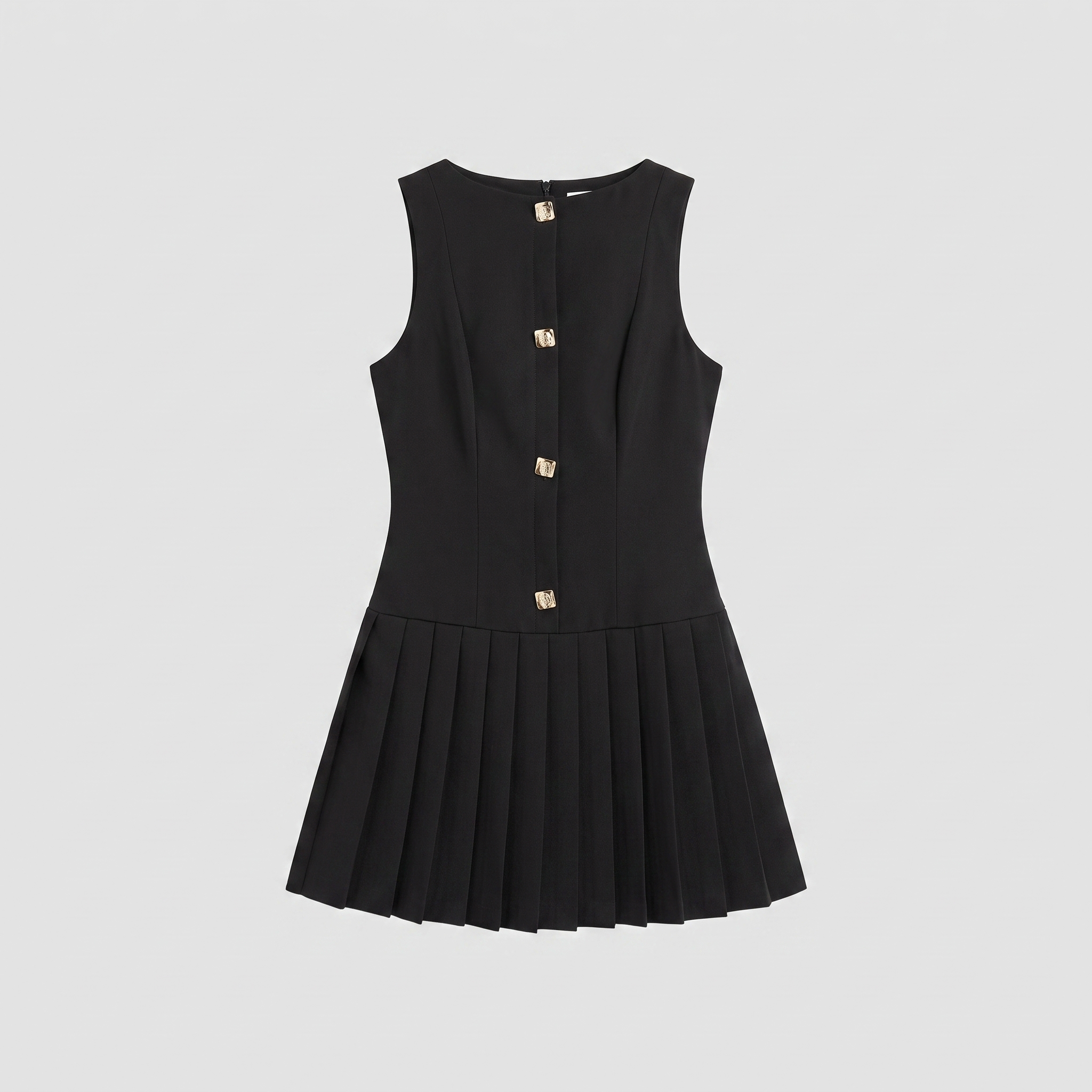 Simone black sleeveless mini dress with pleated skirt and gold buttons 5
