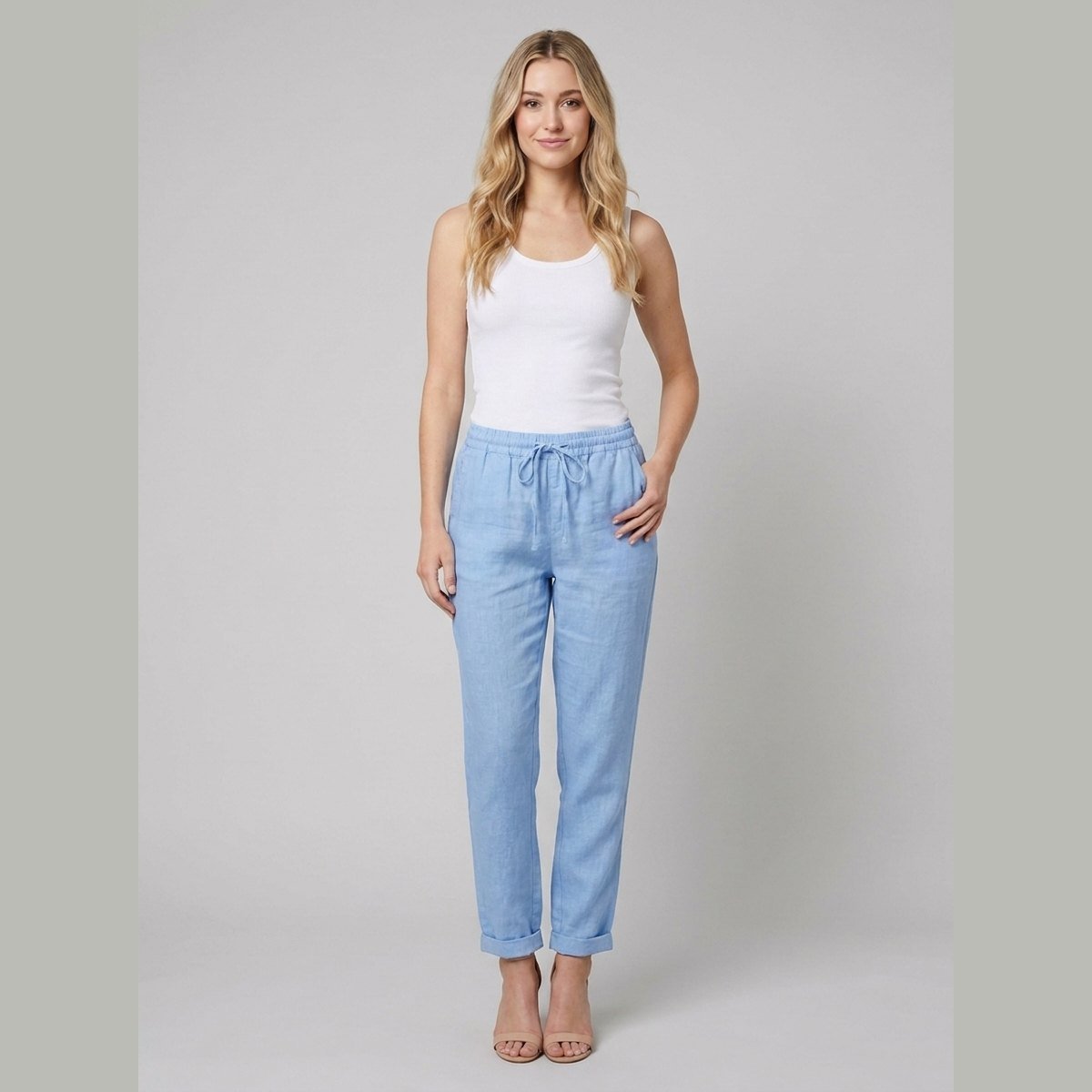 Liora Women's Pants | White Linen, Drawstring Waist, Relaxed Fit 0