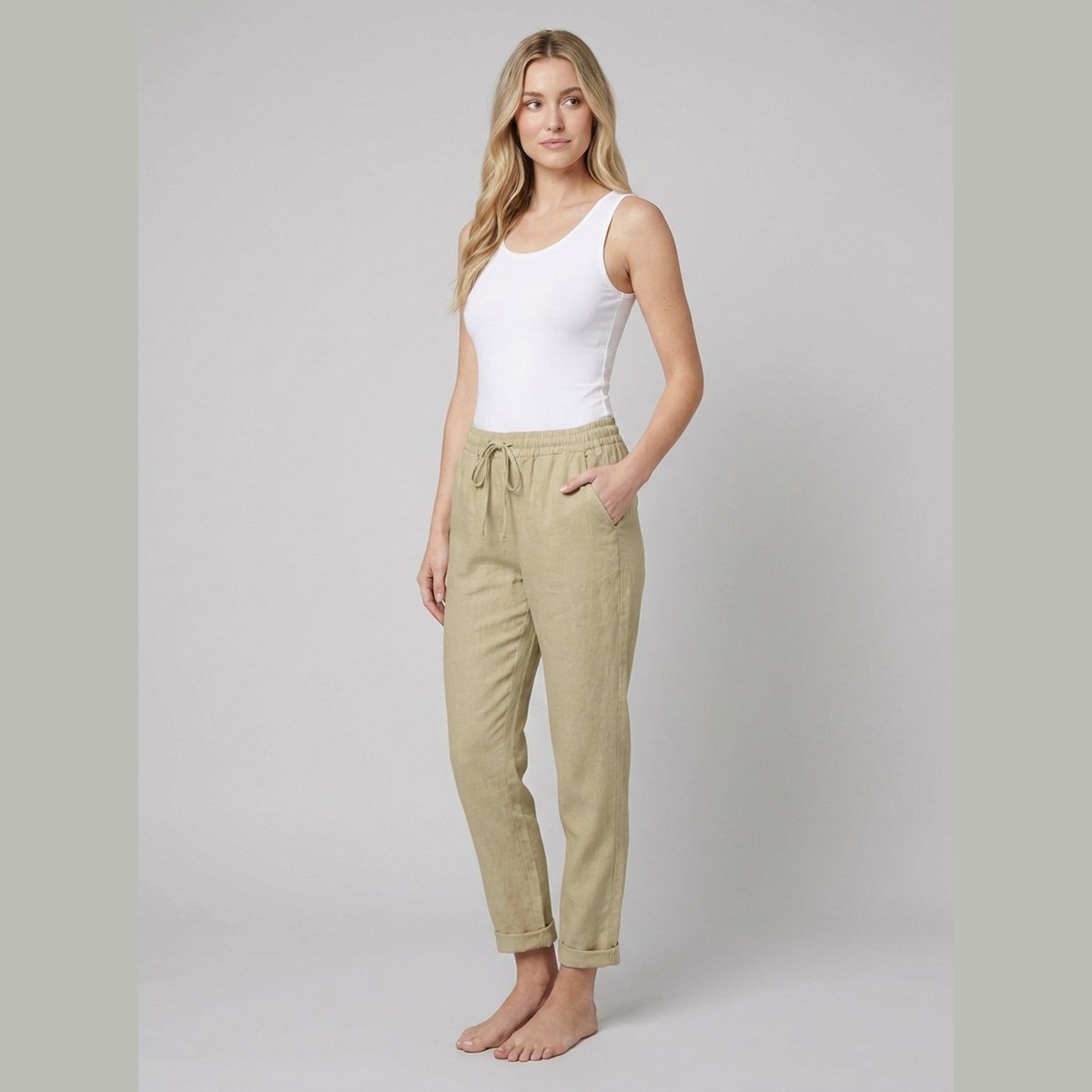 Liora Women's Pants | White Linen, Drawstring Waist, Relaxed Fit 1