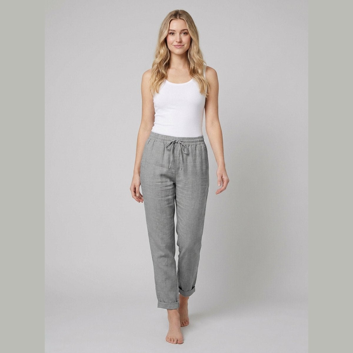 Liora Women's Pants | White Linen, Drawstring Waist, Relaxed Fit 2