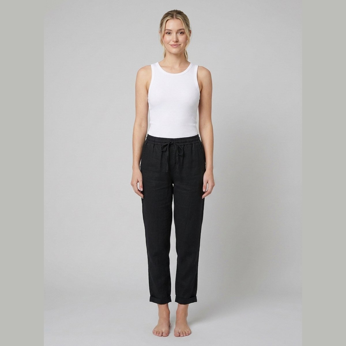 Liora Women's Pants | White Linen, Drawstring Waist, Relaxed Fit 3