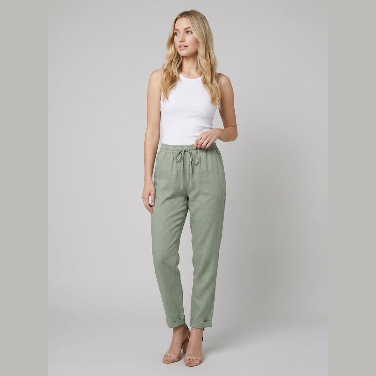 Liora Women's Pants | White Linen, Drawstring Waist, Relaxed Fit 4