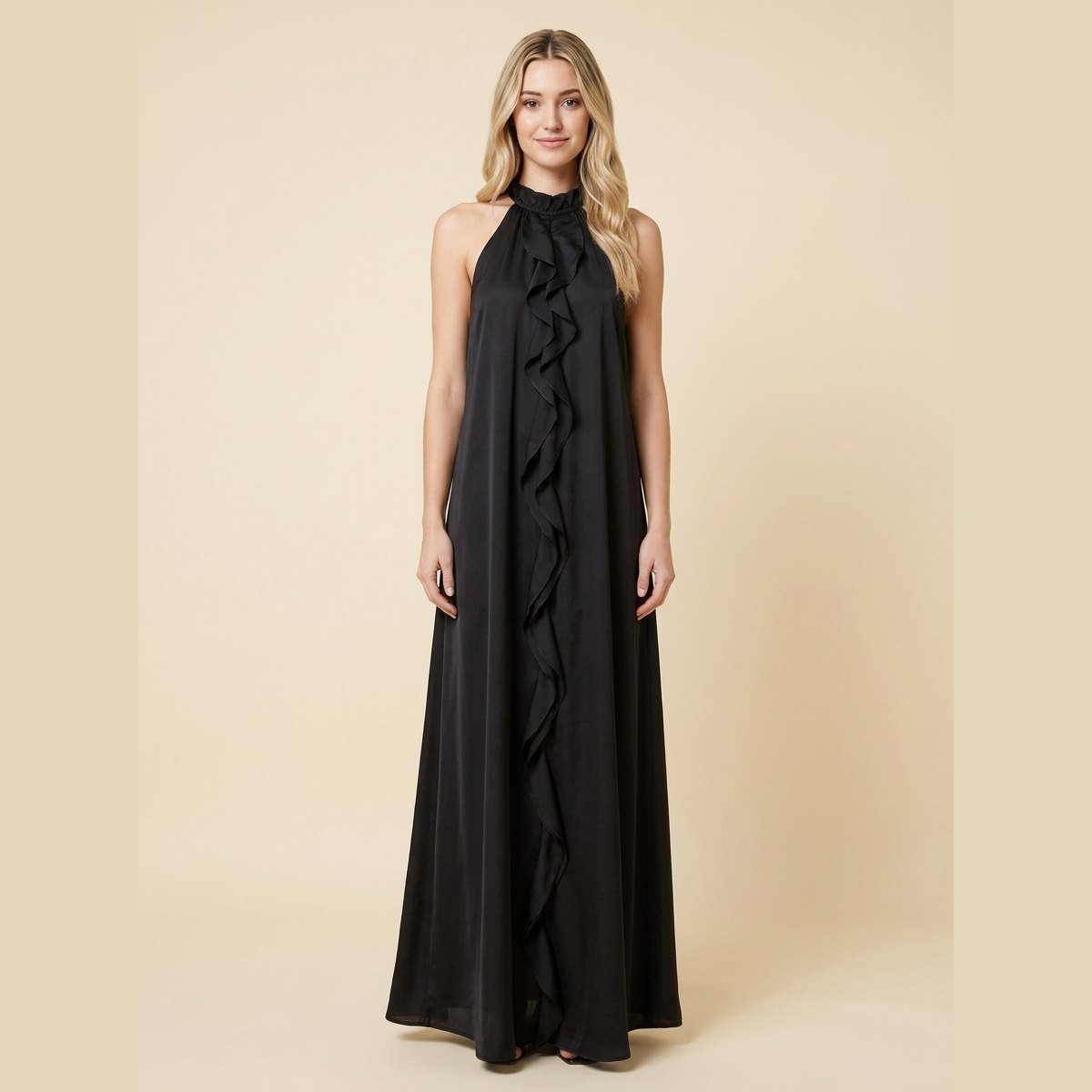 Luna Maxi Dress | Silk Effect, Halter Neck, Flounce Trim for Women 0