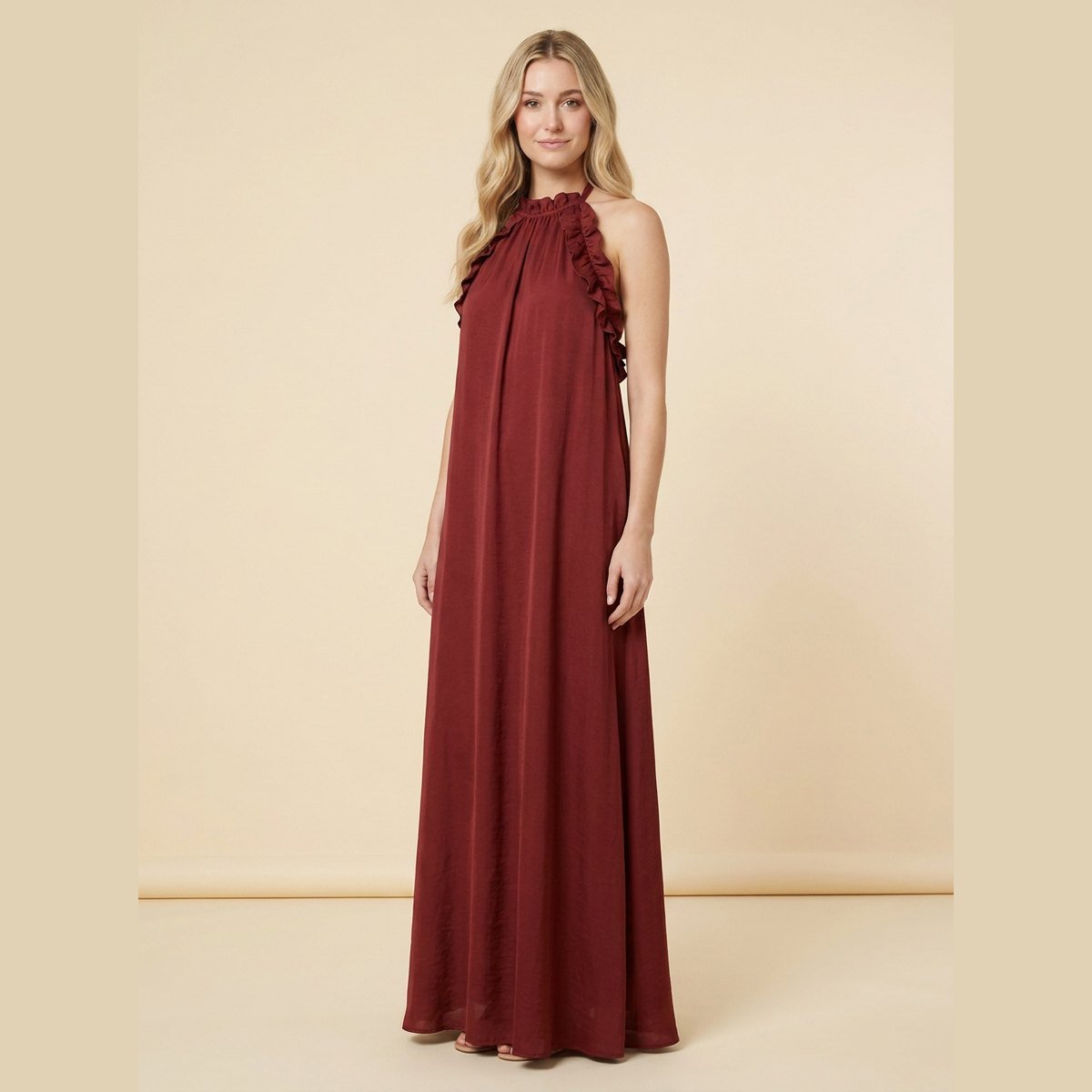 Luna Maxi Dress | Silk Effect, Halter Neck, Flounce Trim for Women 1
