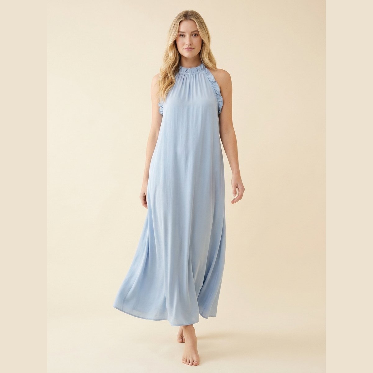 Luna Maxi Dress | Silk Effect, Halter Neck, Flounce Trim for Women 2