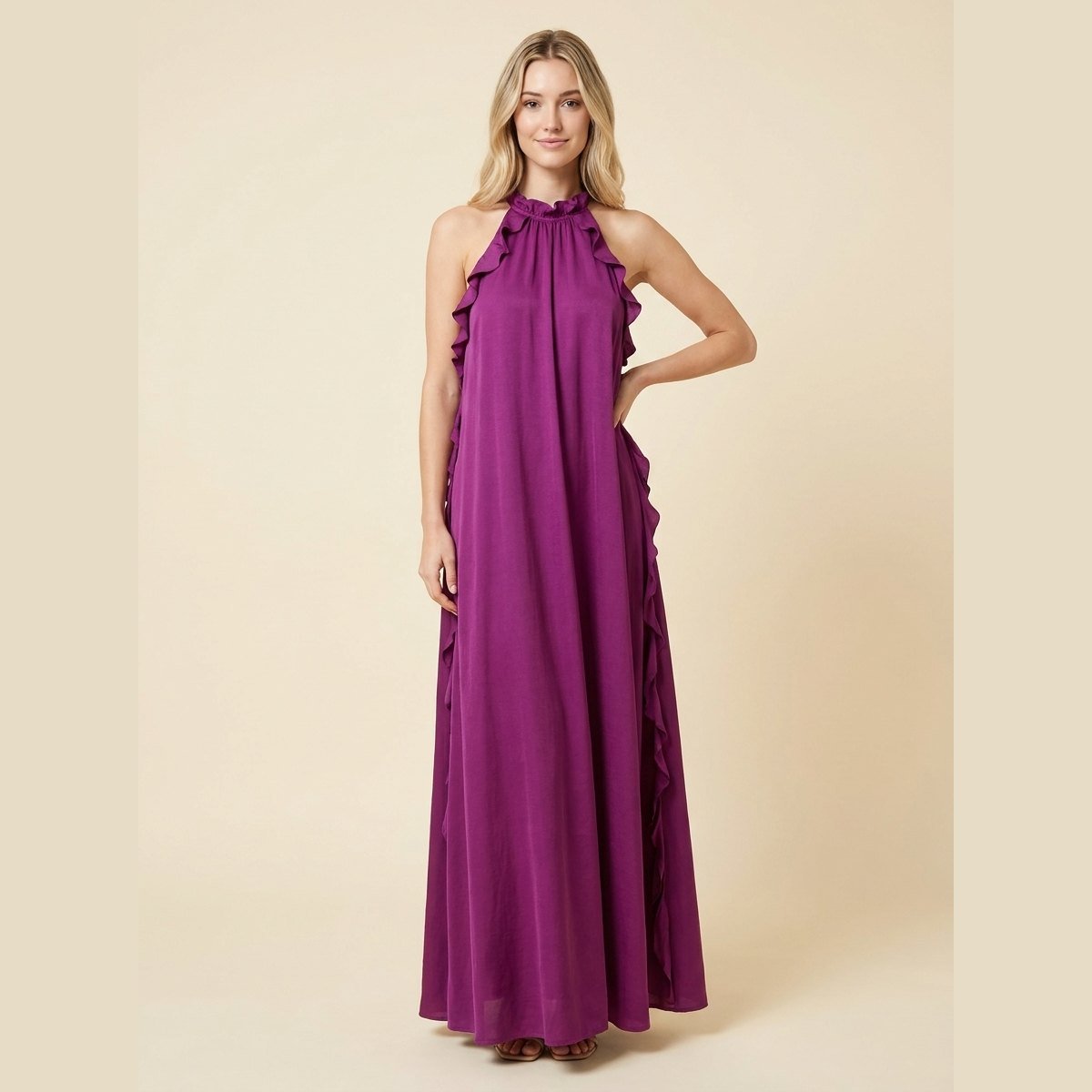 Luna Maxi Dress | Silk Effect, Halter Neck, Flounce Trim for Women 3