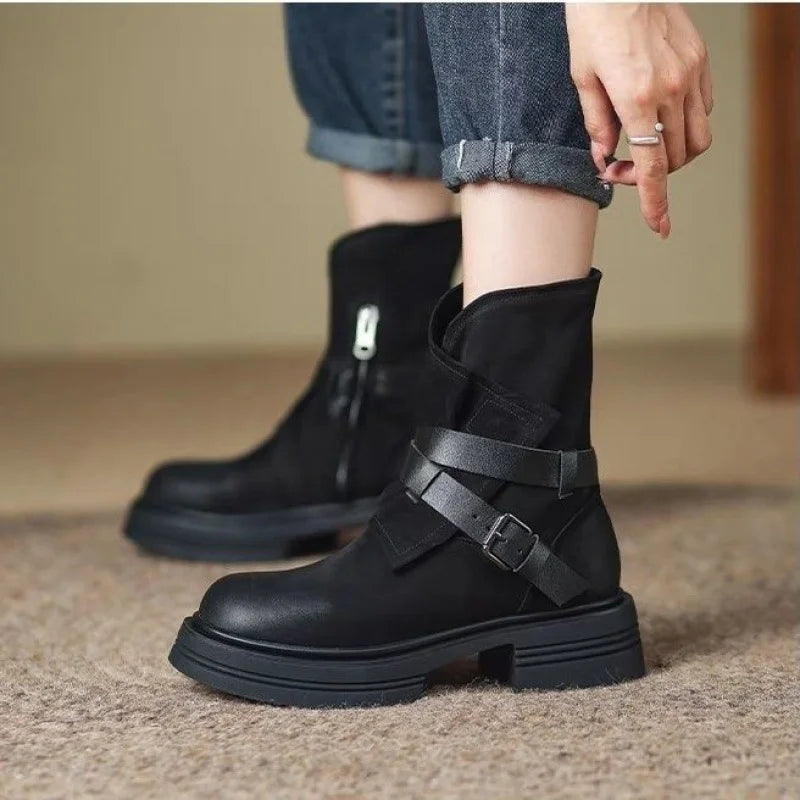 Marlow Women's Black Ankle Boots | Leather Blend, Buckle Straps, Fold-Over Shaft 1