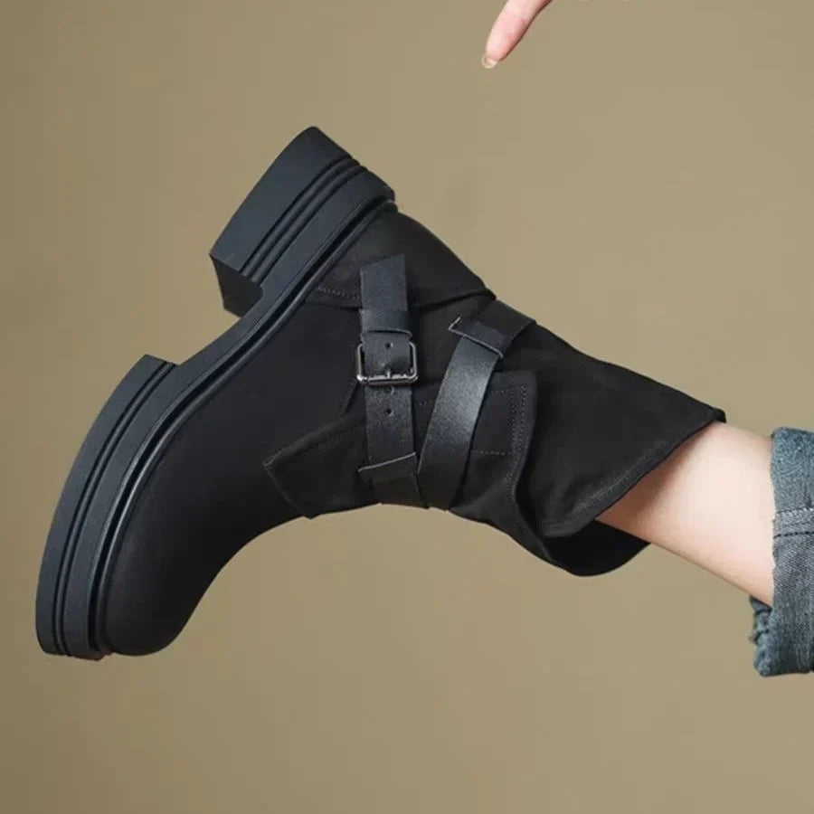 Marlow Women's Black Ankle Boots | Leather Blend, Buckle Straps, Fold-Over Shaft 7